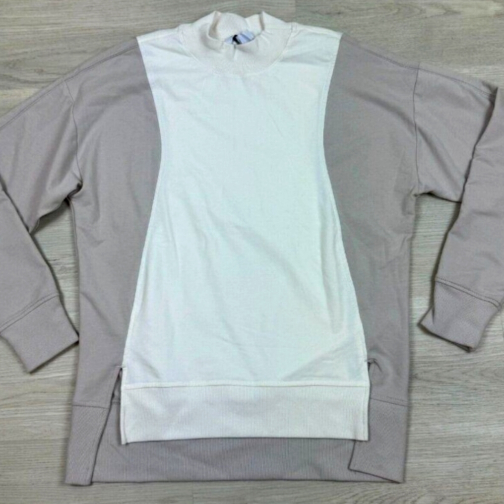 Athleta Two-Tone RetroTerry  Colorblock Sweatshirt in Cream and Tan Gray Size Sm